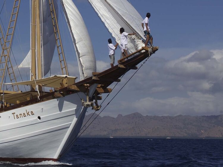 The guests are climbing into Tanaka liveaboard bowsprit to sightsee the horizon